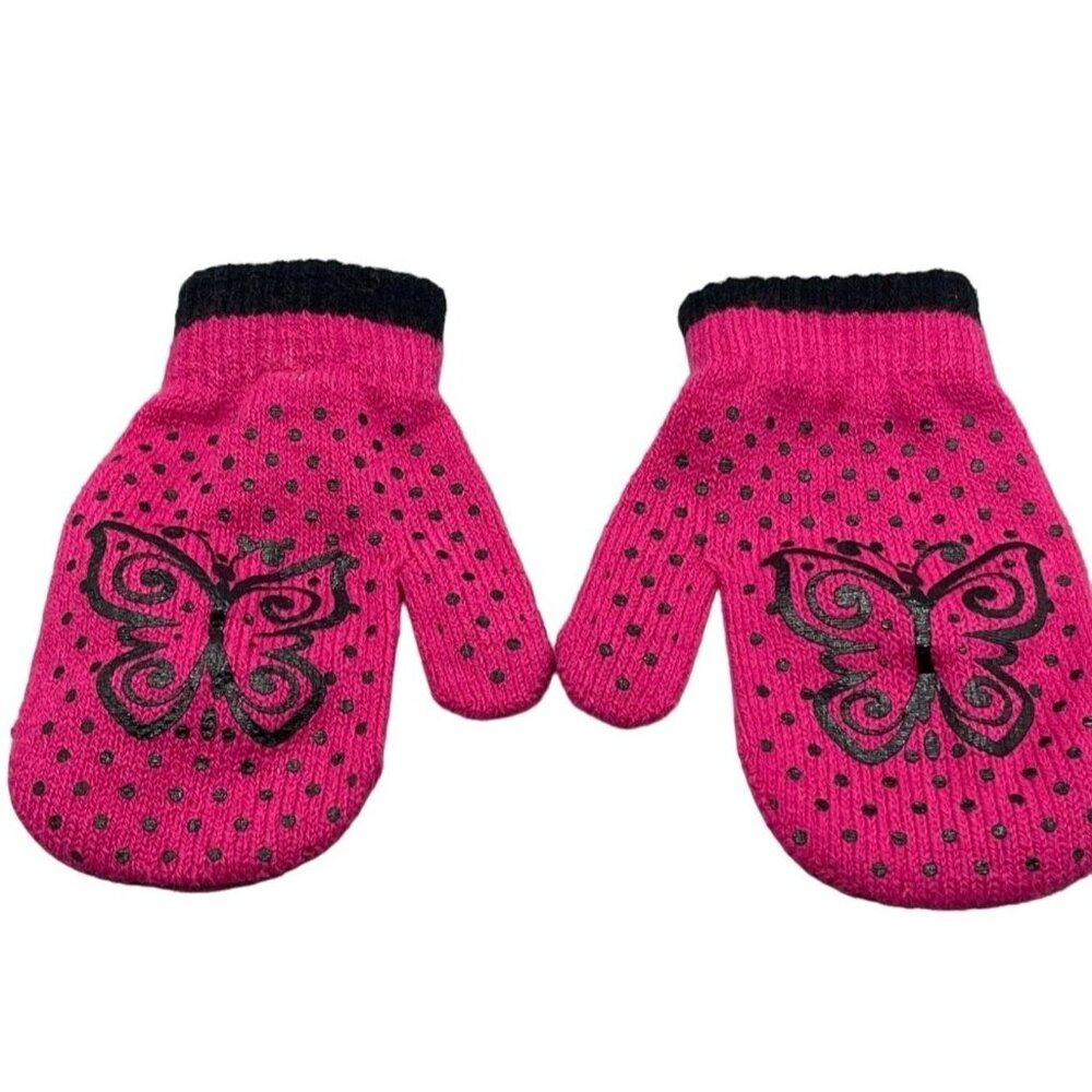 child's mittens toddler pink black butterfly design knit material READ